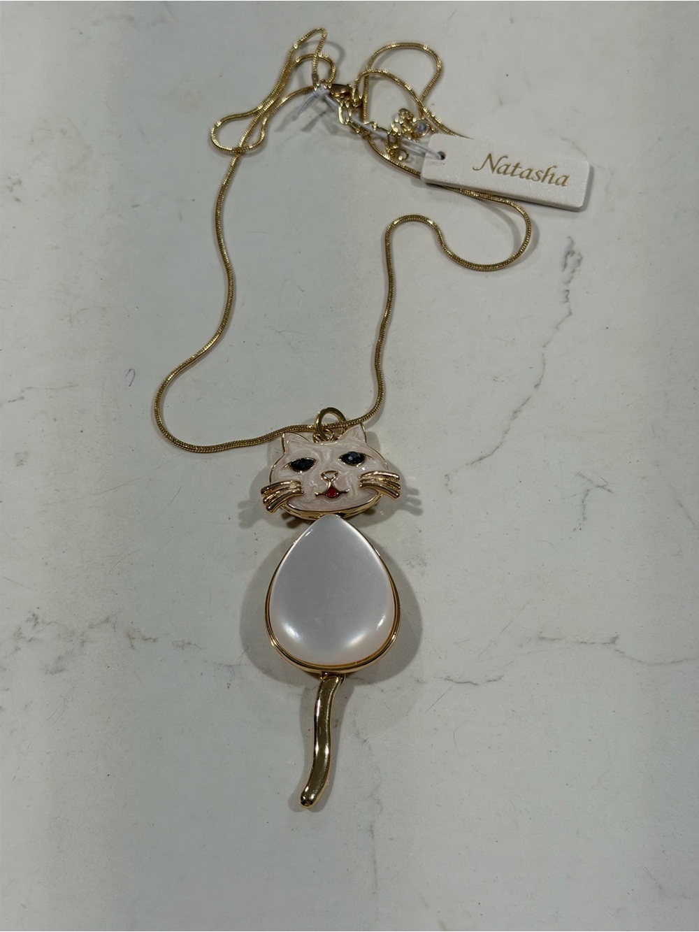 Natasha Couture Gold-Tone Cat Pendant Necklace with White Teardrop